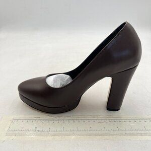 miss left Brown Platform Almond Toe Pumps Classic Slip On Block High Heel Shoes